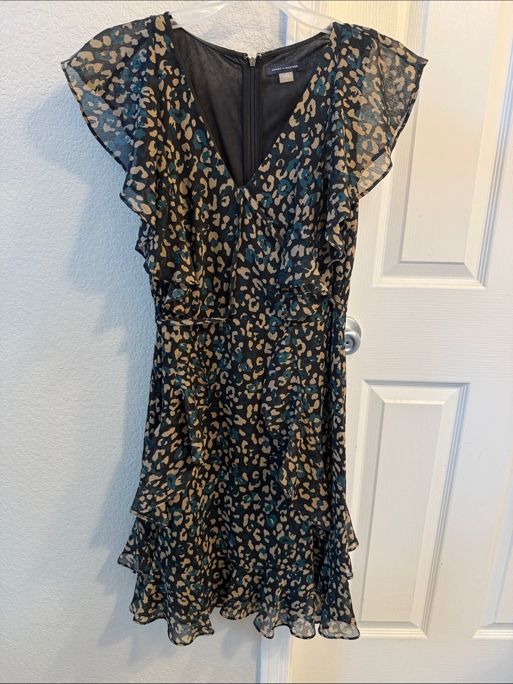 Tommy Hilfiger Black Teal Leopard Print Ruffle Dress